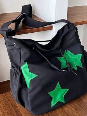 Stylish Black and Green Women's Bag With Stars Decor. New Spring/ Summer Plain